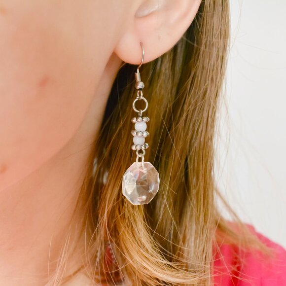 White and Silver Beaded Drop Earrings Handmade Hypoallergenic Jewelry - Picture 4 of 4